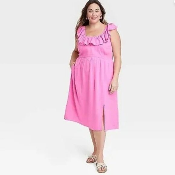 Ava & Viv Dresses & Skirts - Ava & Viv Pink Ruffle Neck Empire Waist Linen Rayon Midi Dress NWT 2X